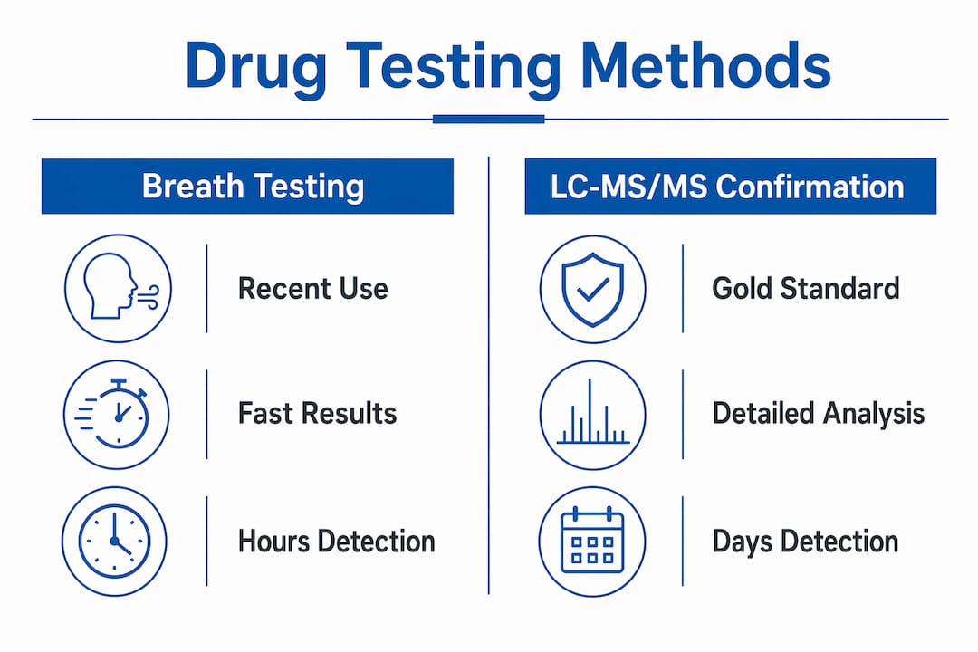 Infographic comparing breath testing and LC-MS/MS detection methods