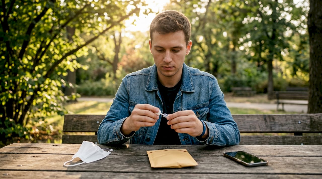 Man assembling oral fluid test swab outdoors