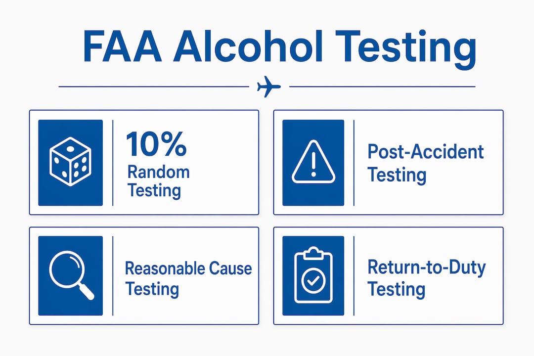 Infographic detailing FAA alcohol testing types and rates
