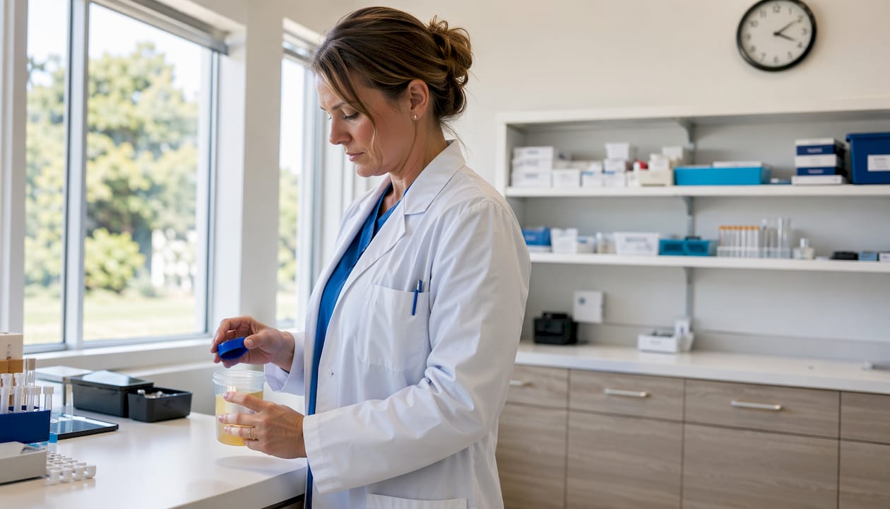 Hands preparing urine specimen container in clinical setting