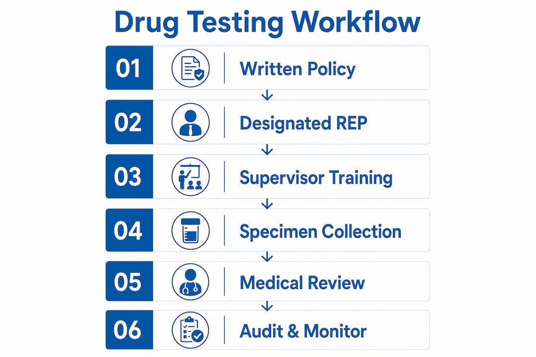 Infographic illustrating drug testing workflow steps and roles