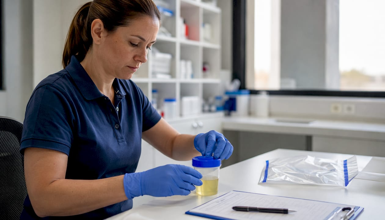 Hands sealing athlete urine sample in lab