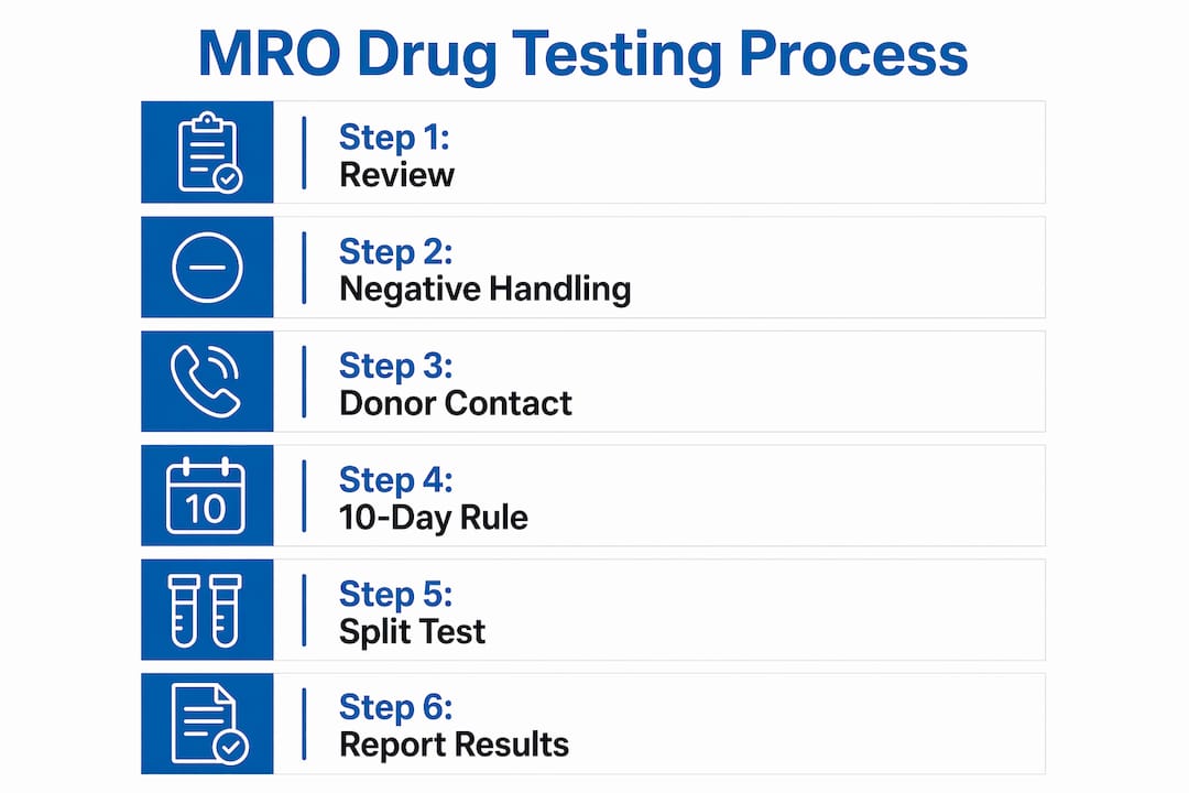 Infographic illustrating six-step MRO drug testing process