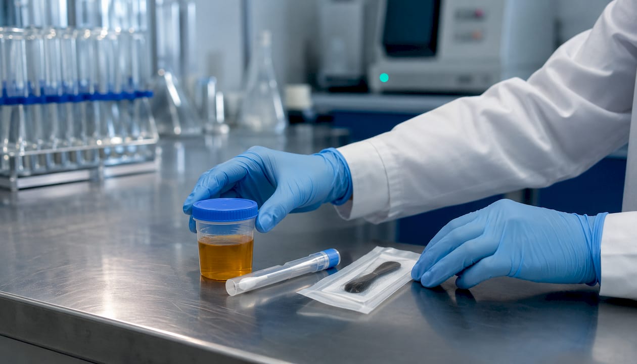 Laboratory technician handling drug test specimen containers