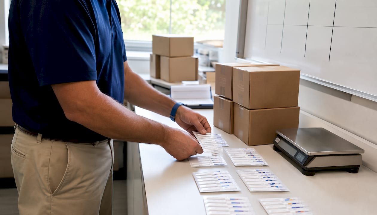 Hands sorting multi-panel drug test kits on table