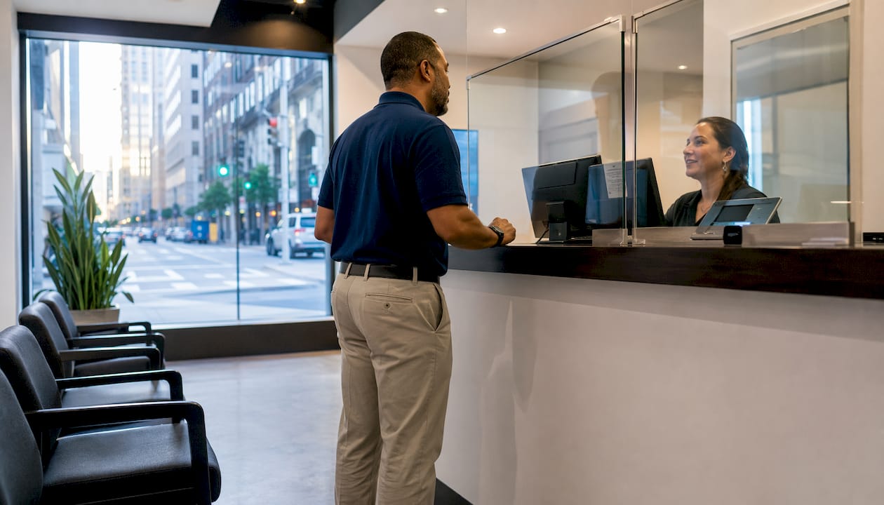 Customer at walk-in drug testing clinic reception