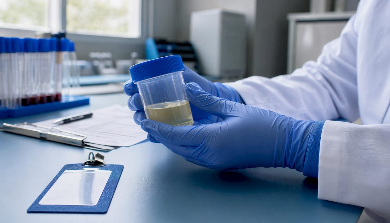 Lab technician handling certified drug test specimen