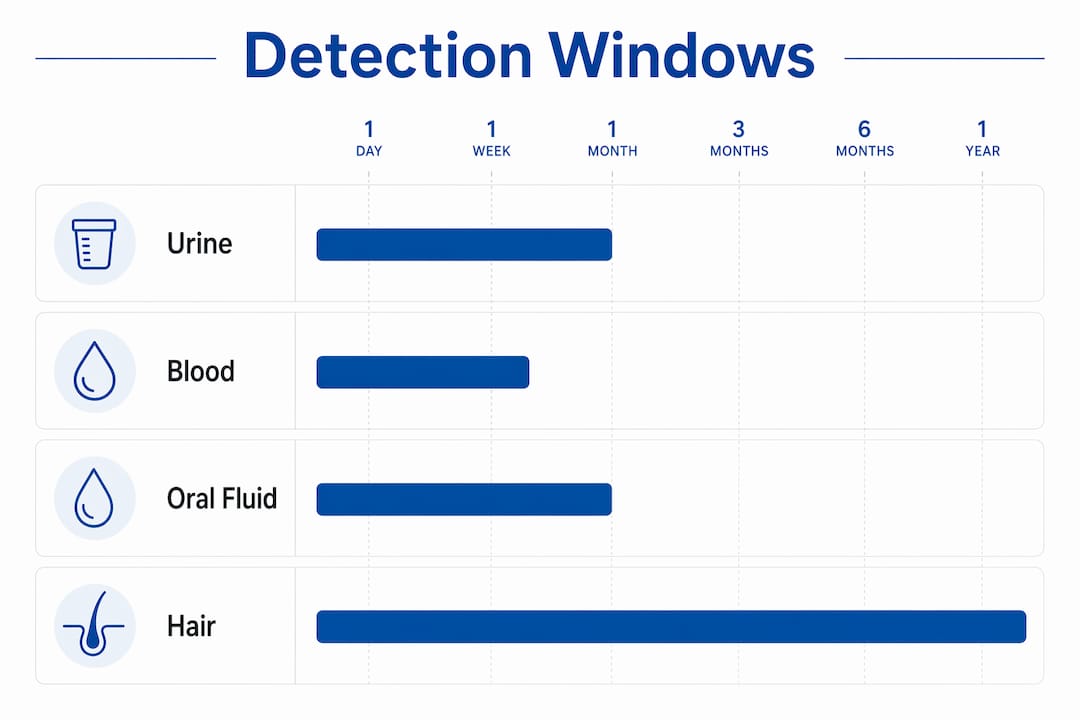 Infographic showing typical drug detection windows by specimen type