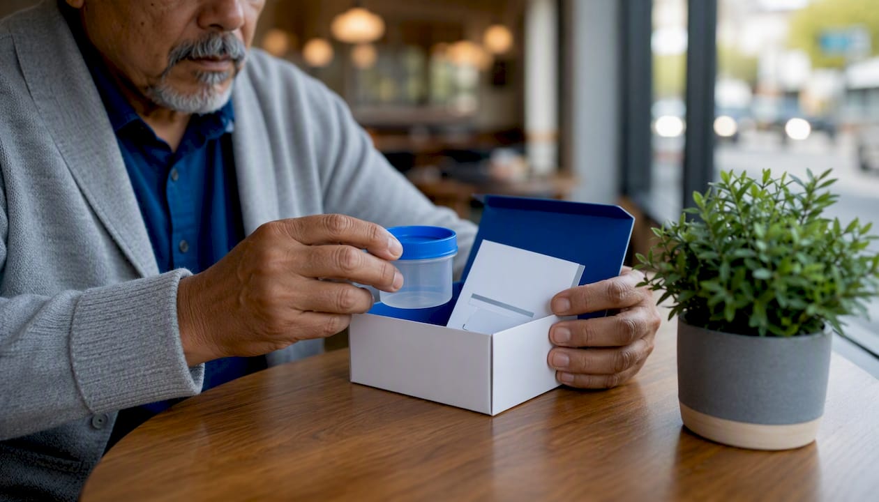 Close-up of hands packing drug testing kit at home