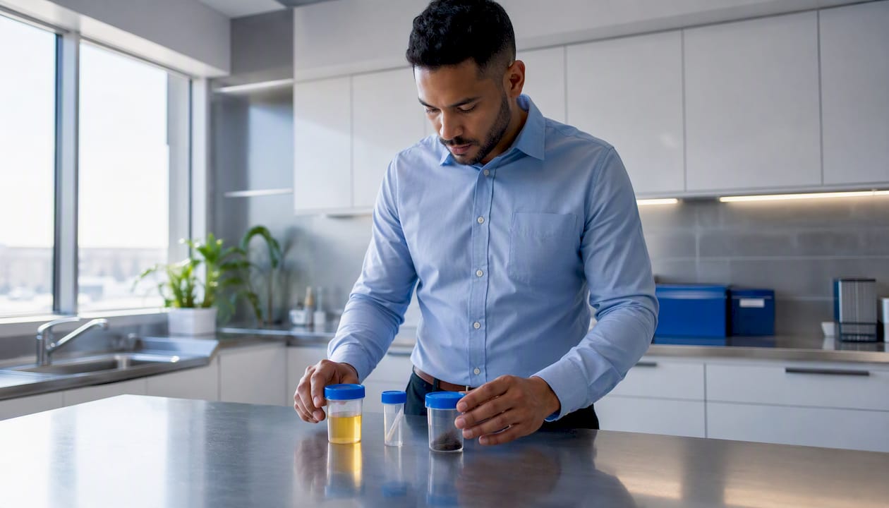 Hands arranging urine, saliva, and hair test samples
