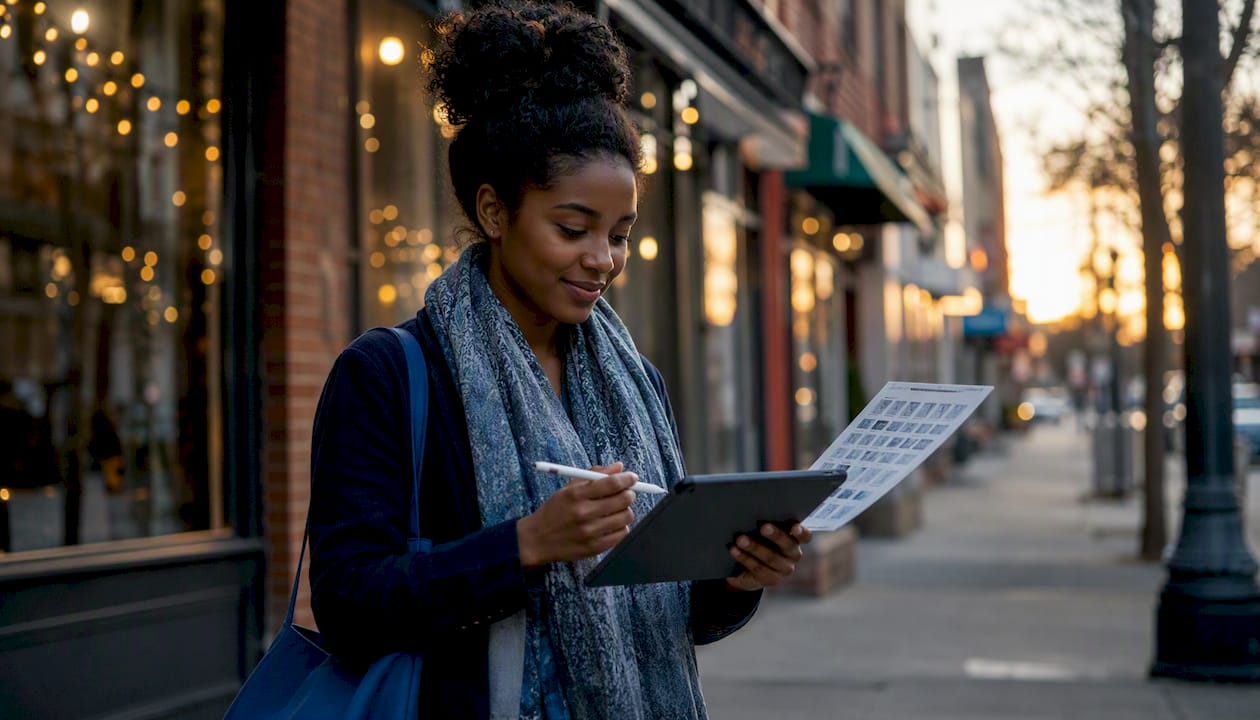 Woman outdoors reviewing drug test detection chart