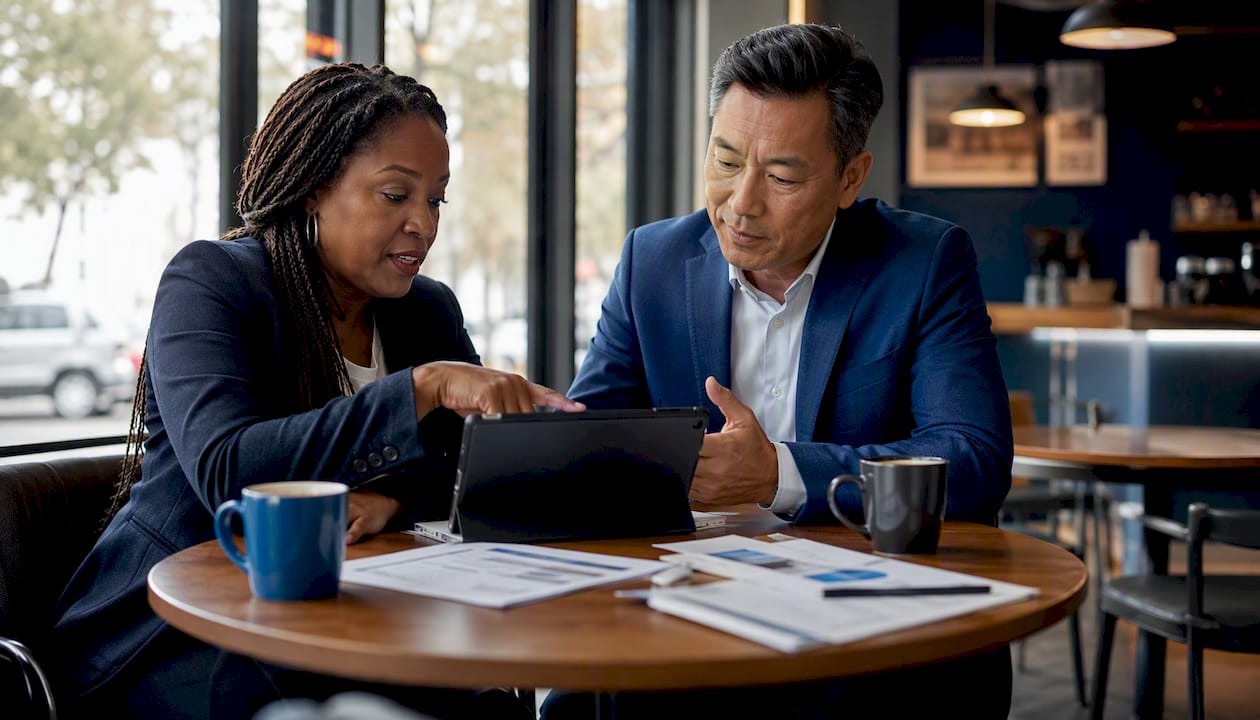 Two professionals discussing collection network flowcharts