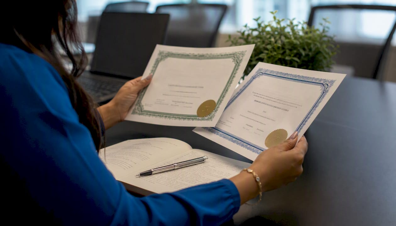Close-up hands comparing accreditation certificates