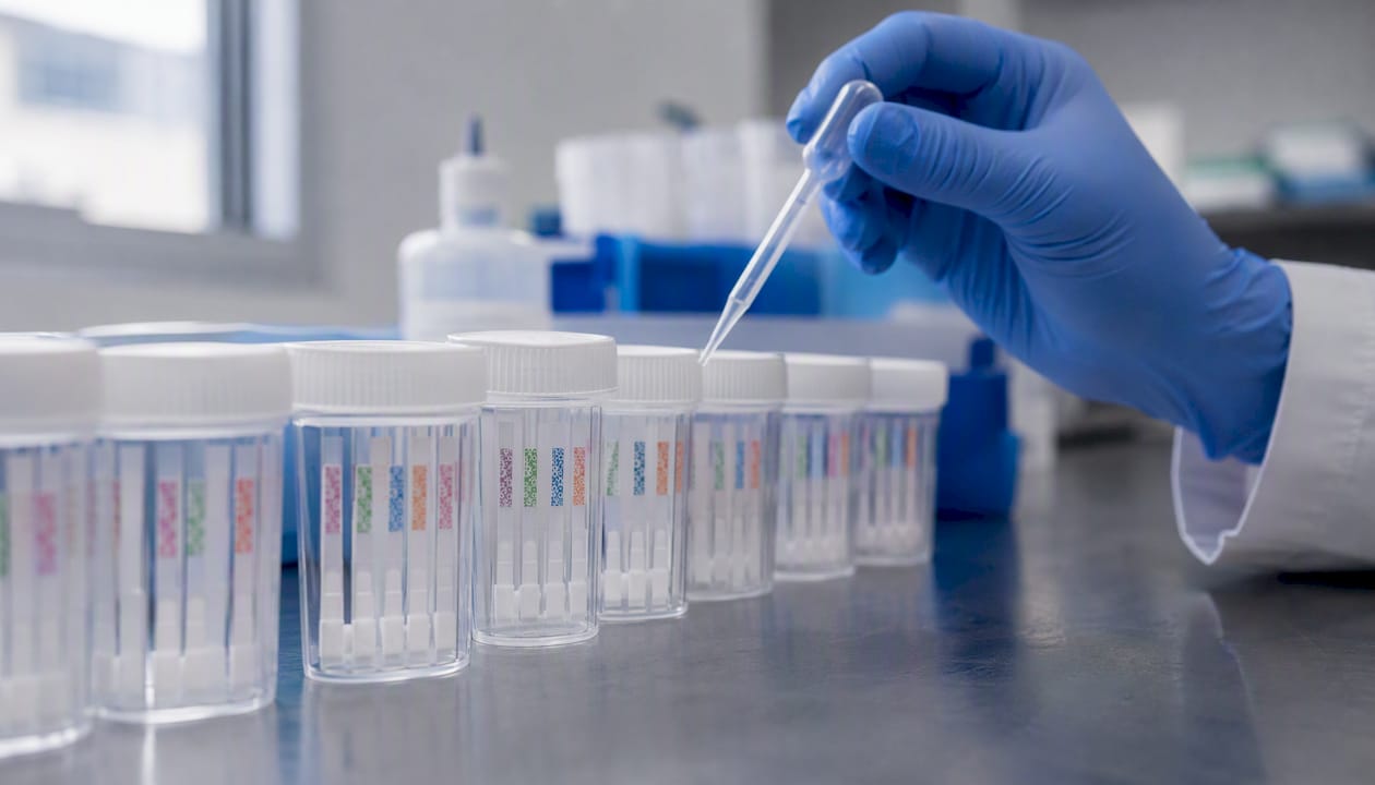 Multi-panel urine drug test cups close-up