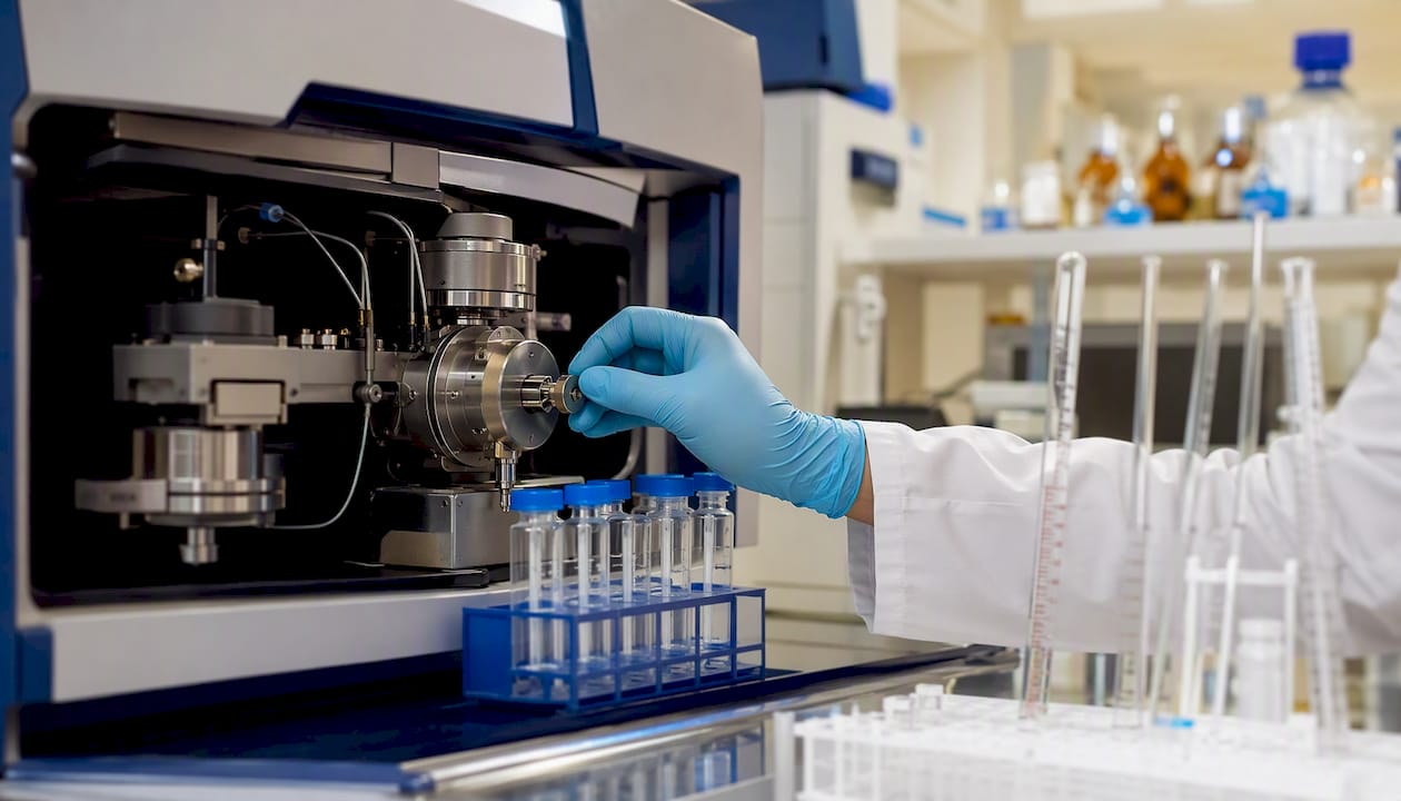 Gloved hand adjusting mass spectrometer in lab