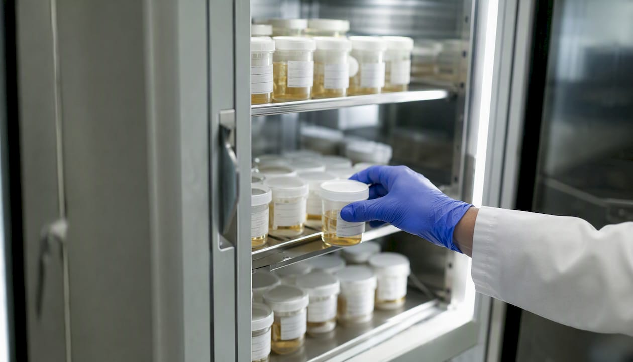 Gloved hand handling urine specimens in lab refrigerator