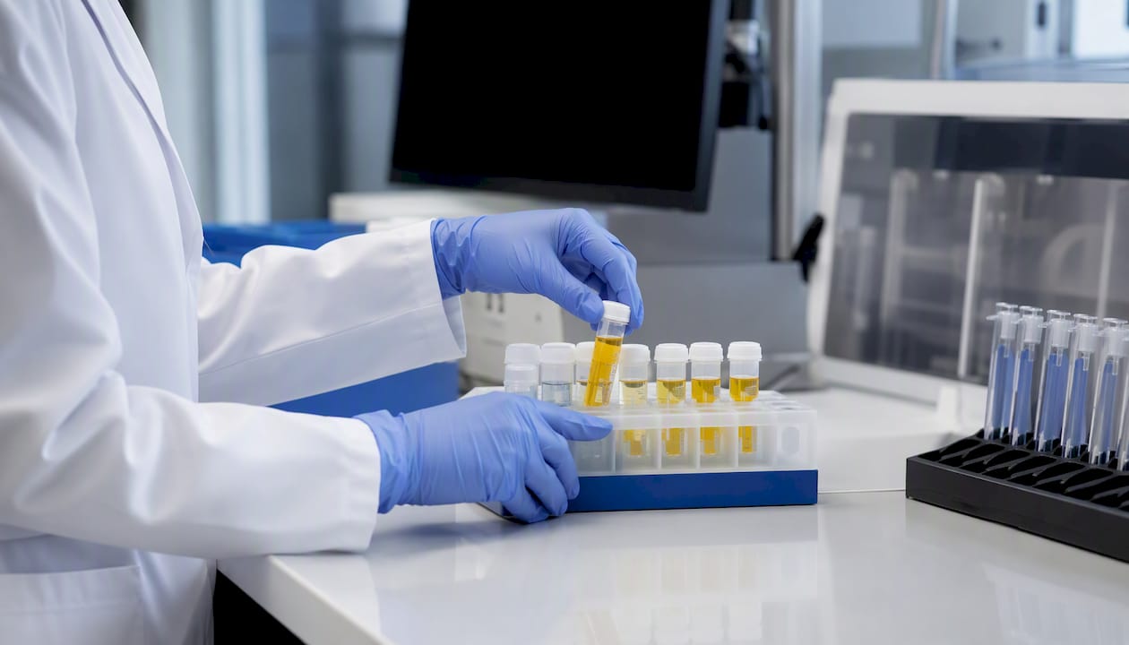 Technician handling urine sample in lab