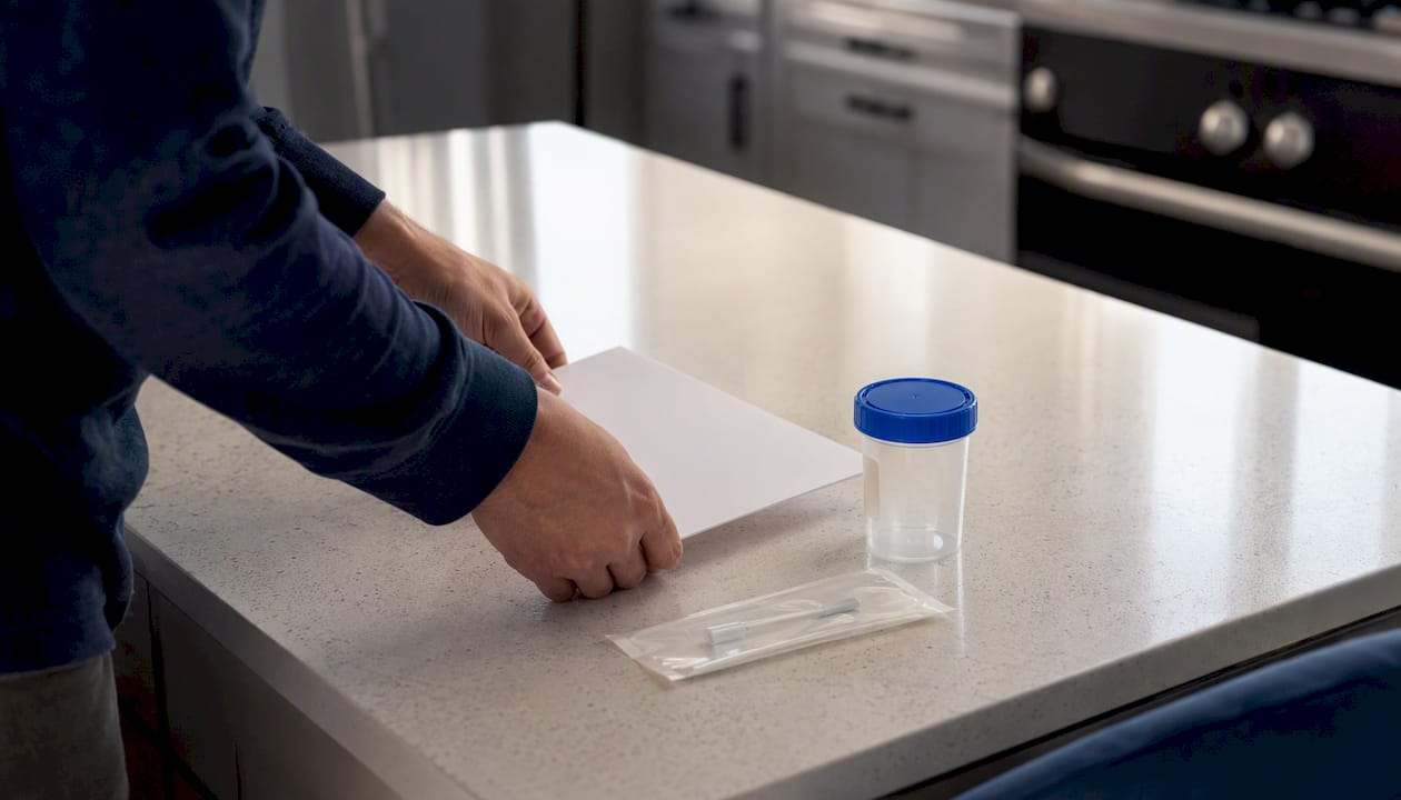 Hands arranging prescription labels and medical notes