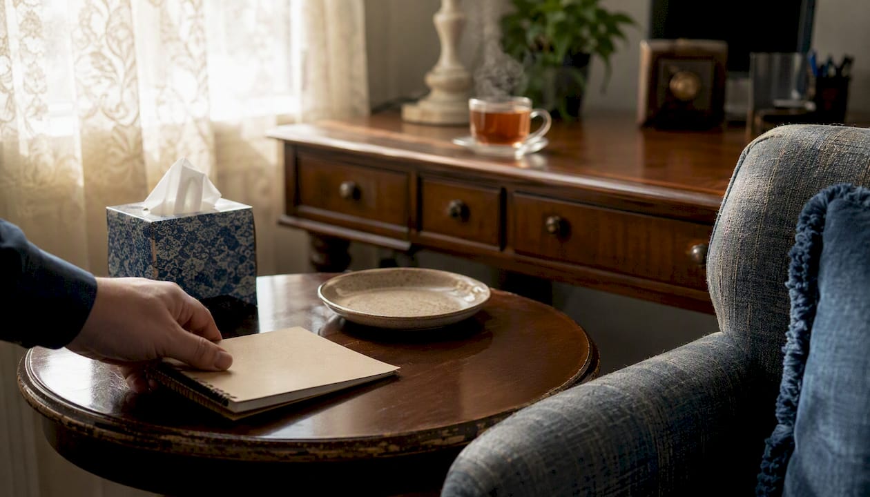 Supportive office nook with cup of tea and tissues