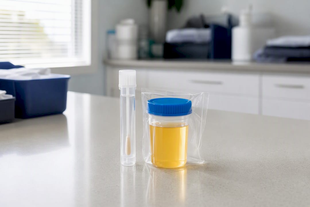 Oral fluid swab and urine collection cup on tray