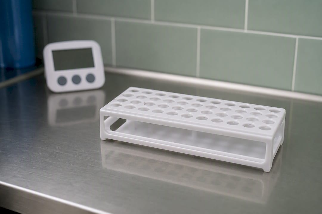 Empty specimen rack in drug testing lab