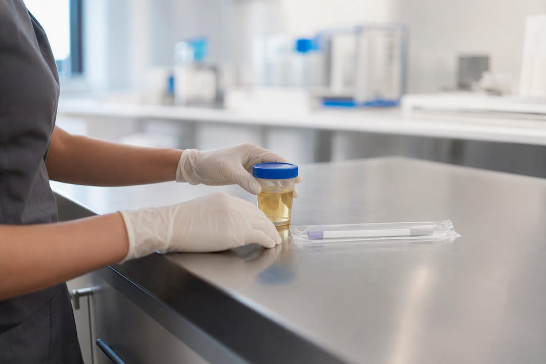 Hands preparing urine and oral fluid testing kits