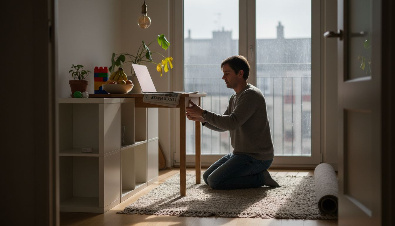 Homeowner arranges modular shelving and table