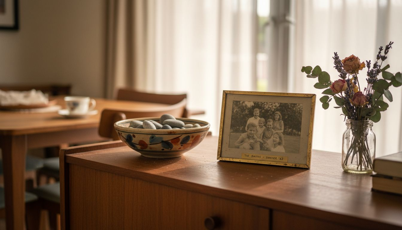 Detail of meaningful objects on sideboard