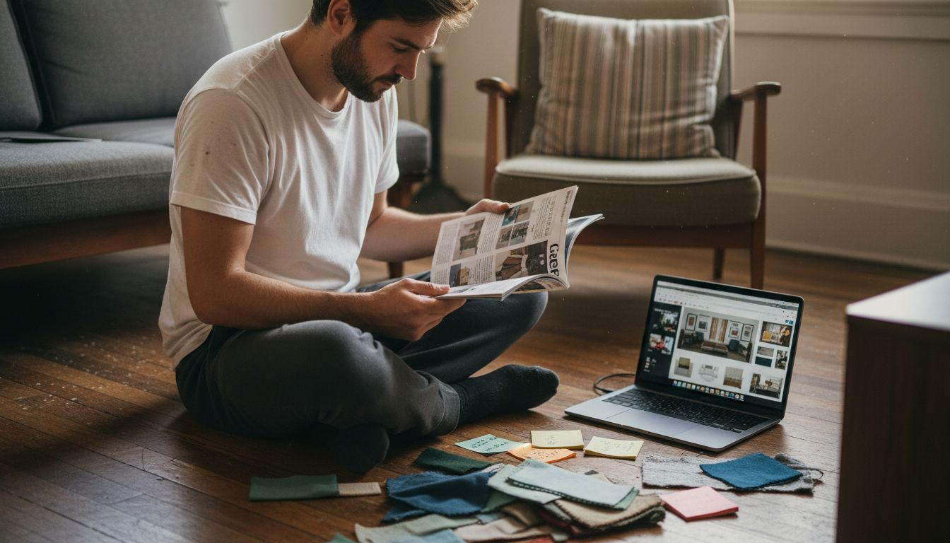 Man visualizing modern decor plan on floor