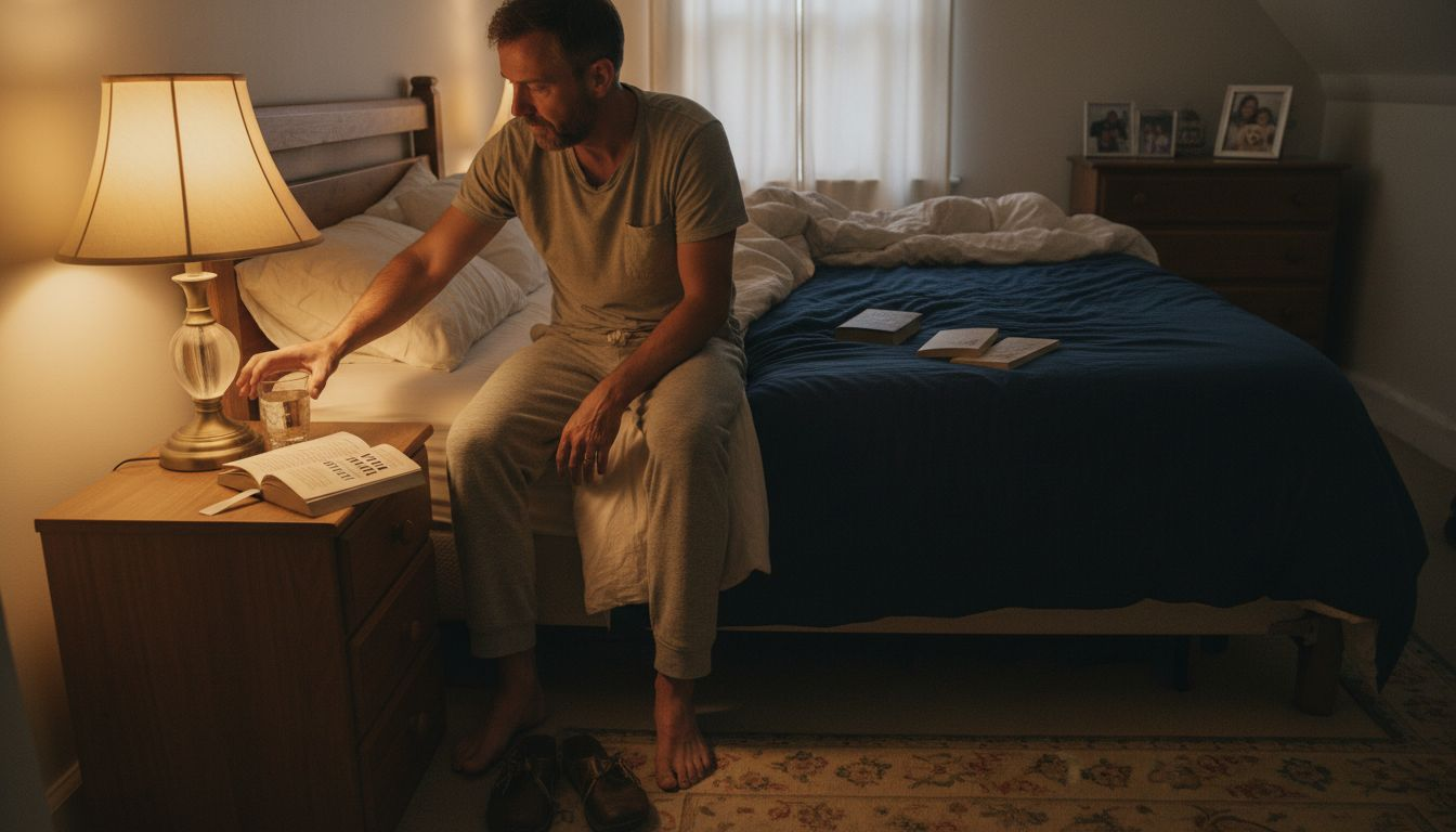 Man sitting in softly lit bedroom decor
