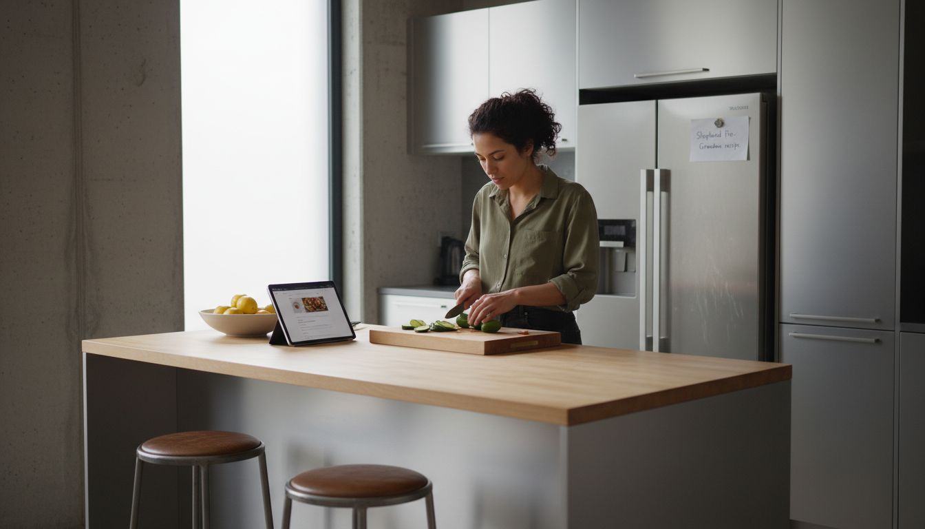 Person preparing food in modern steel kitchen