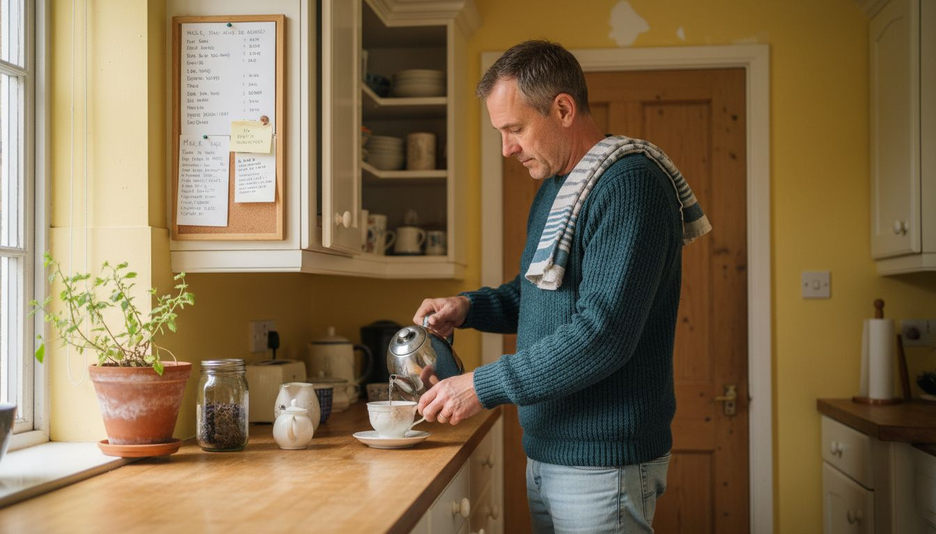 Man making tea in yellow kitchen interior