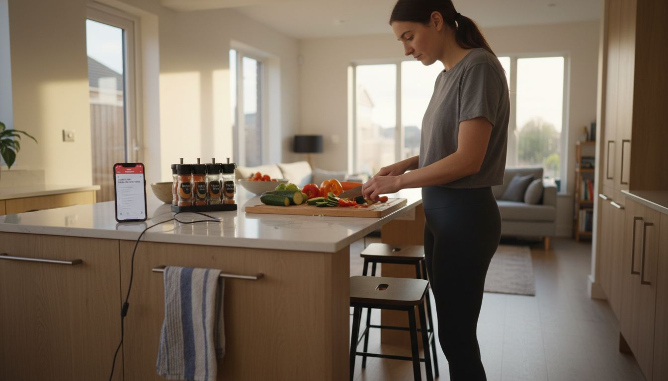 Woman using functional kitchen island workspace