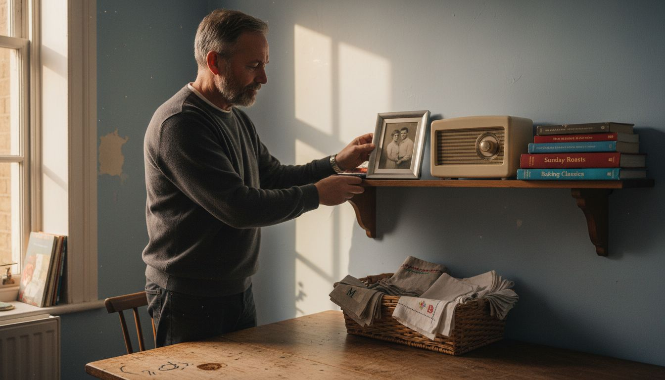 Man arranging personal items on dining shelf
