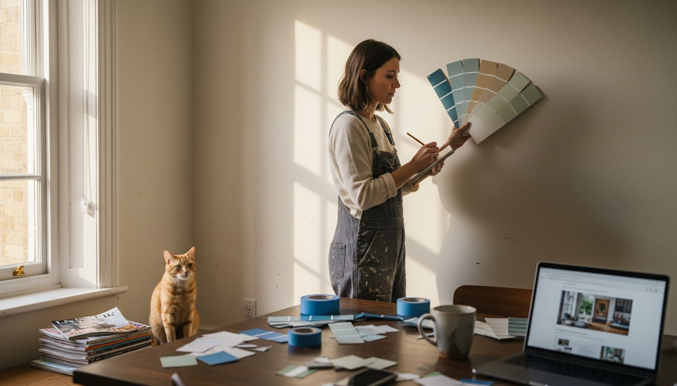 Woman testing paint swatches in dining room
