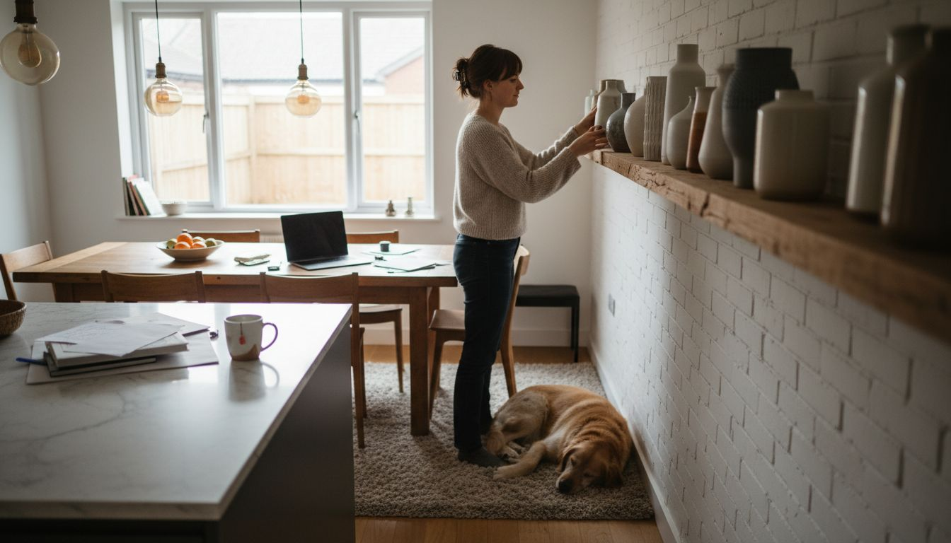 Woman balancing decor and function at home