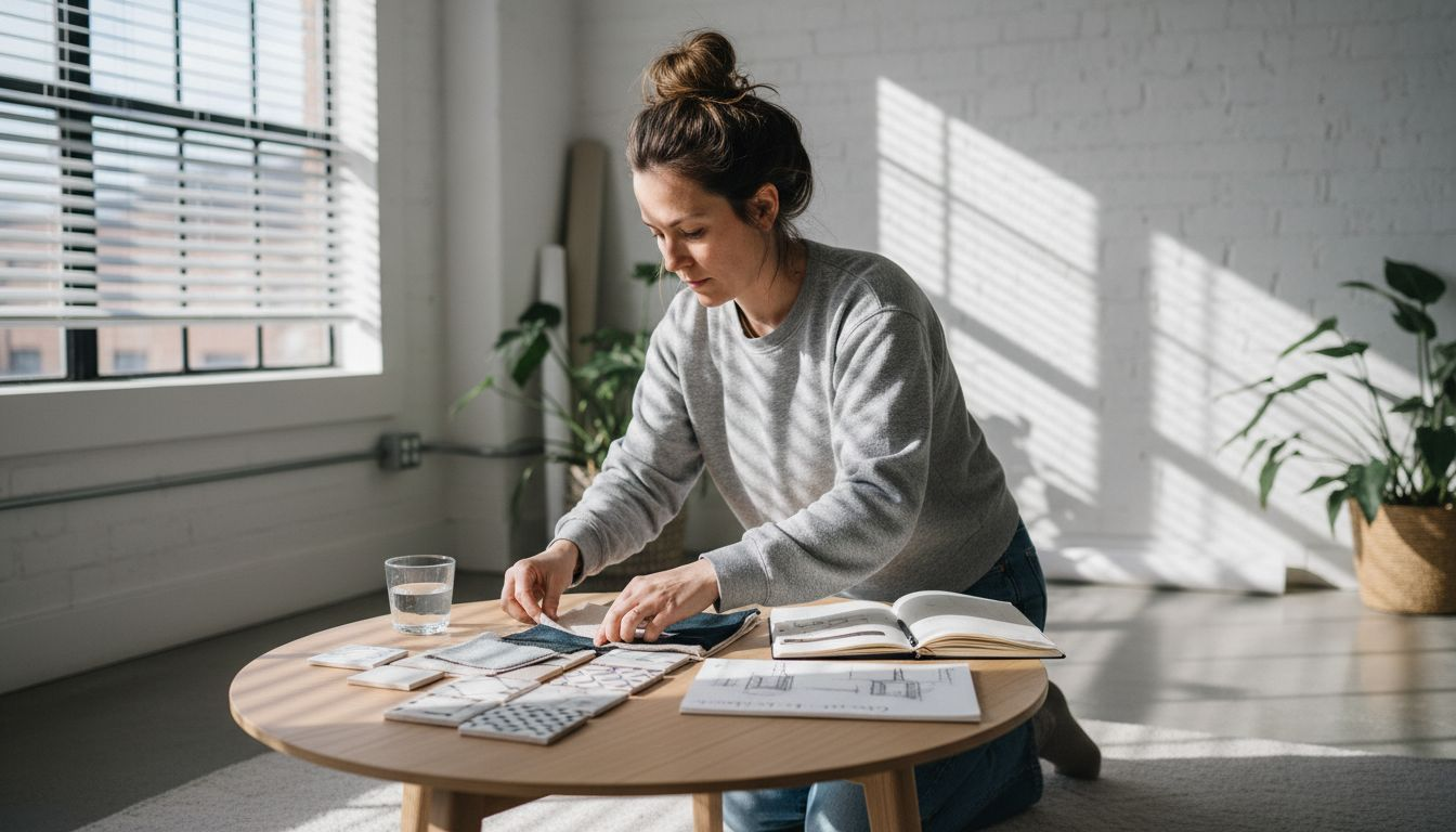 Designer sorting textiles on studio table