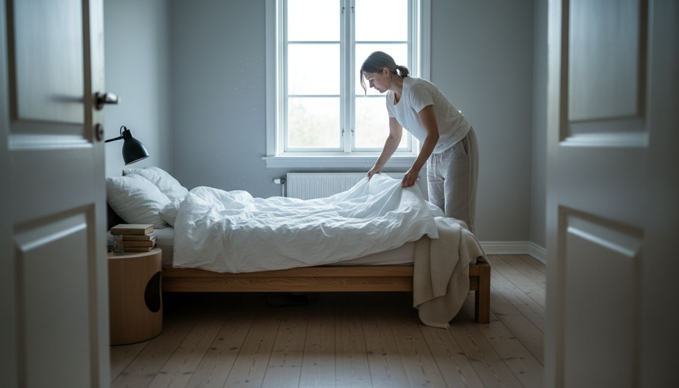 Scandinavian minimalist bedroom with morning light