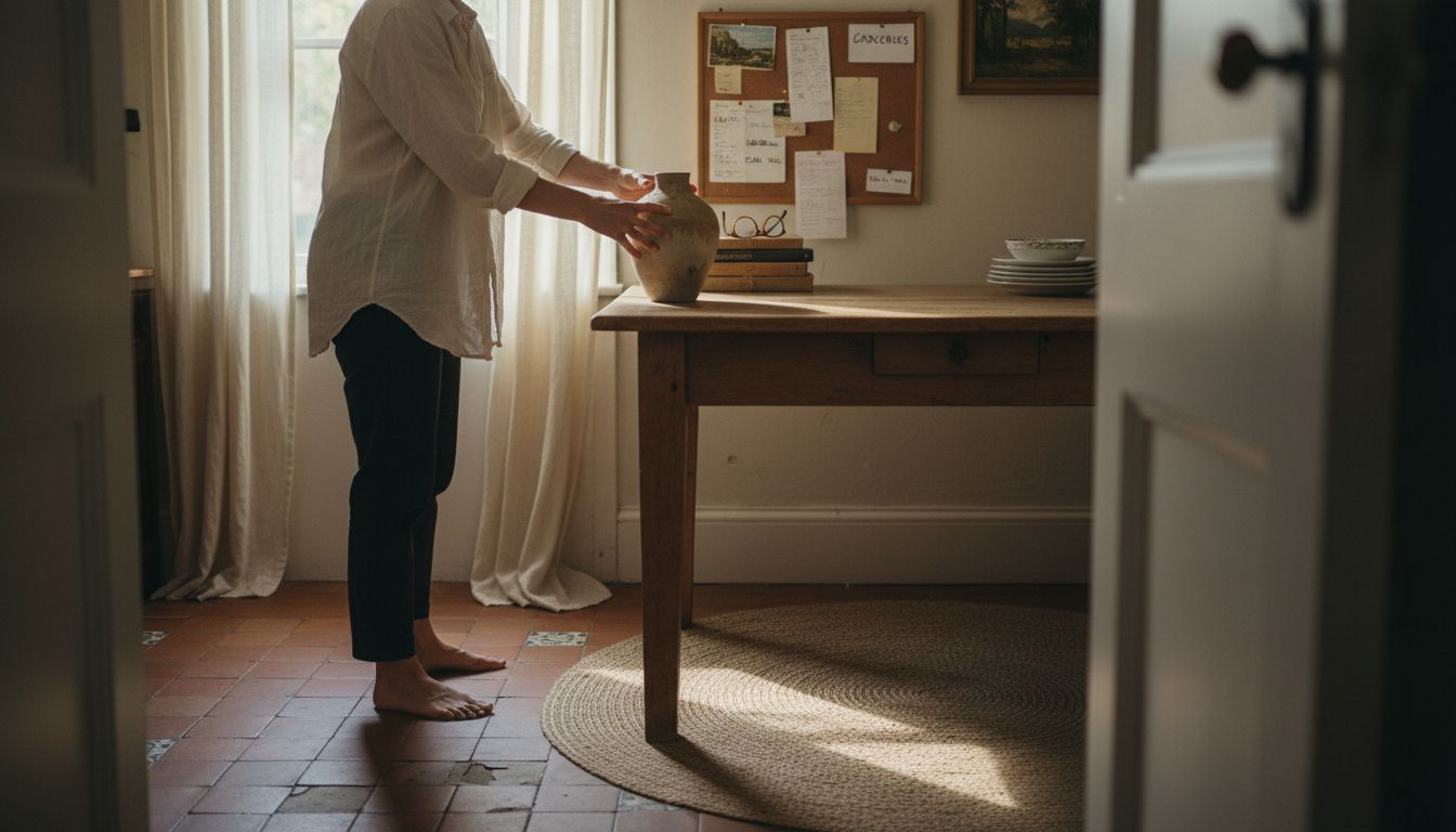 Woman arranging ceramic vase, textured UK interior