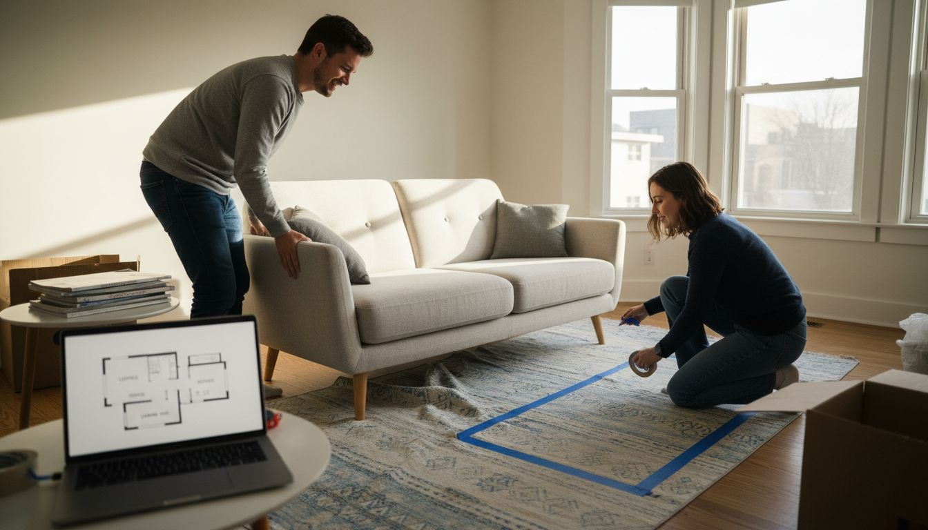 Couple arranging sofa for better layout