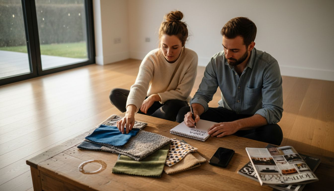 Couple comparing textured fabric samples