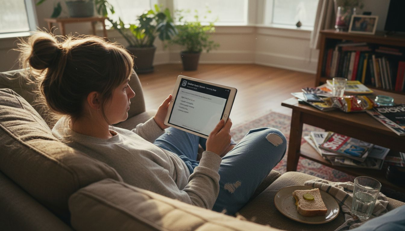 Woman analyzing tablet product reviews