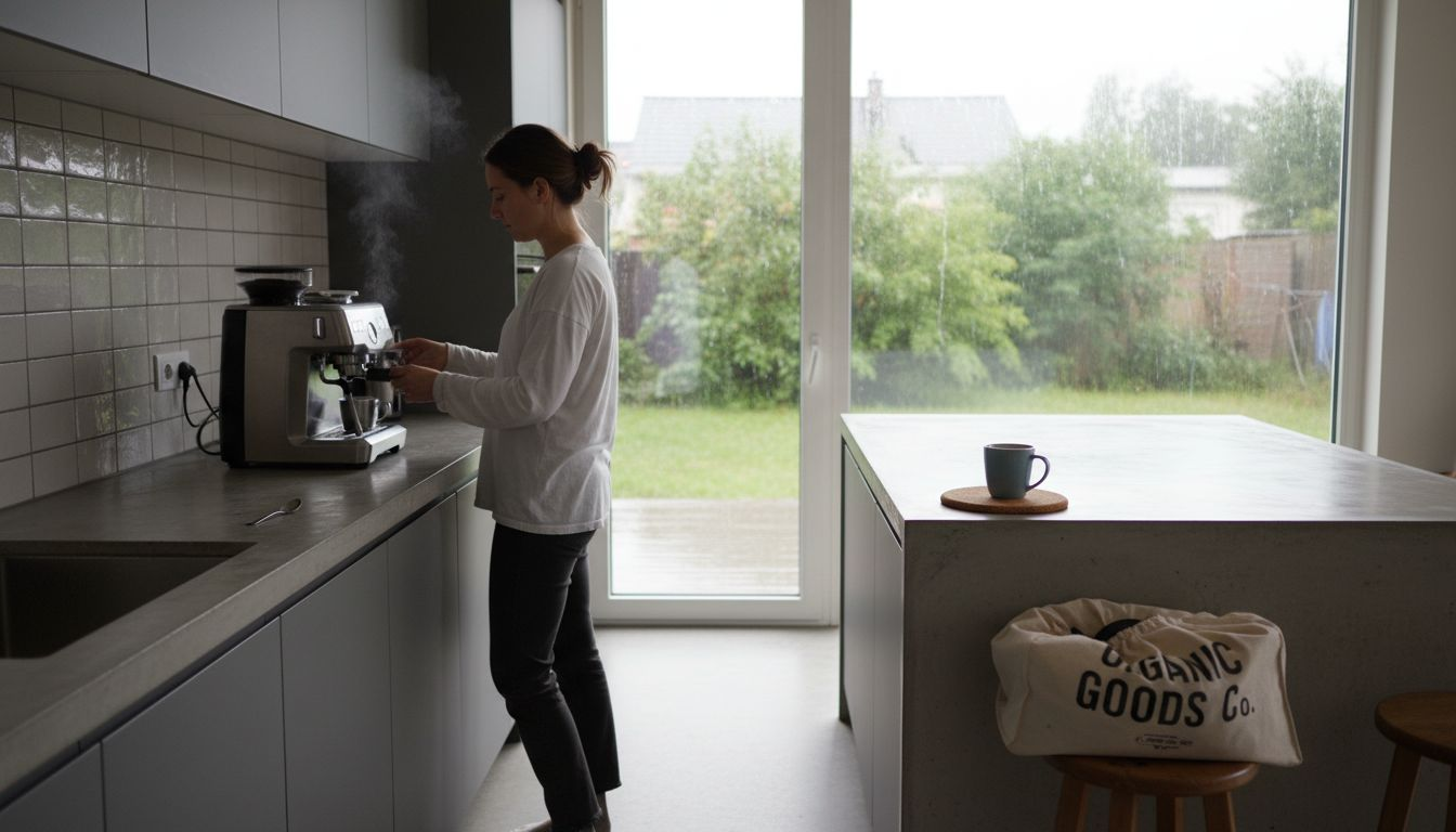 Woman brewing coffee in eco modern kitchen