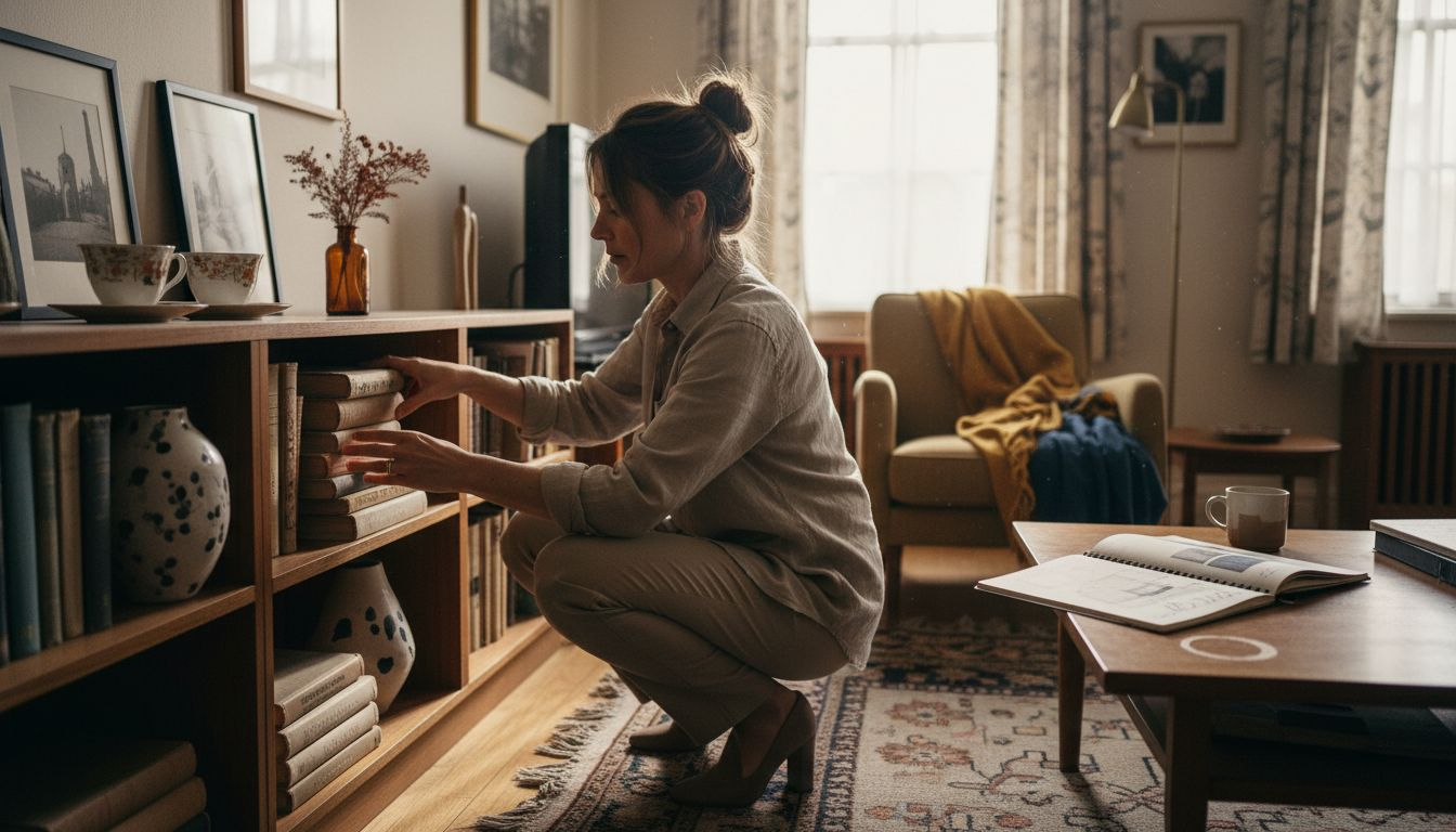 Interior stylist adjusting bookshelf decor