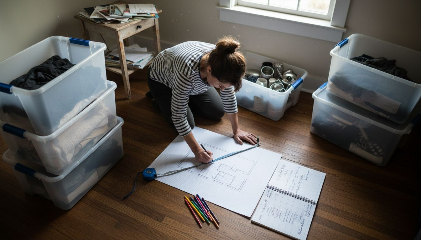Woman planning zones in small studio apartment