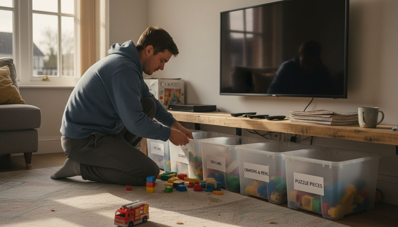 Father organising labeled storage bins in living room