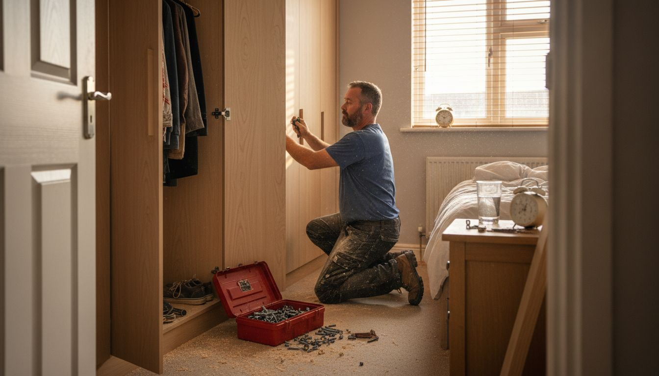 Carpenter installs custom built-in bedroom wardrobe
