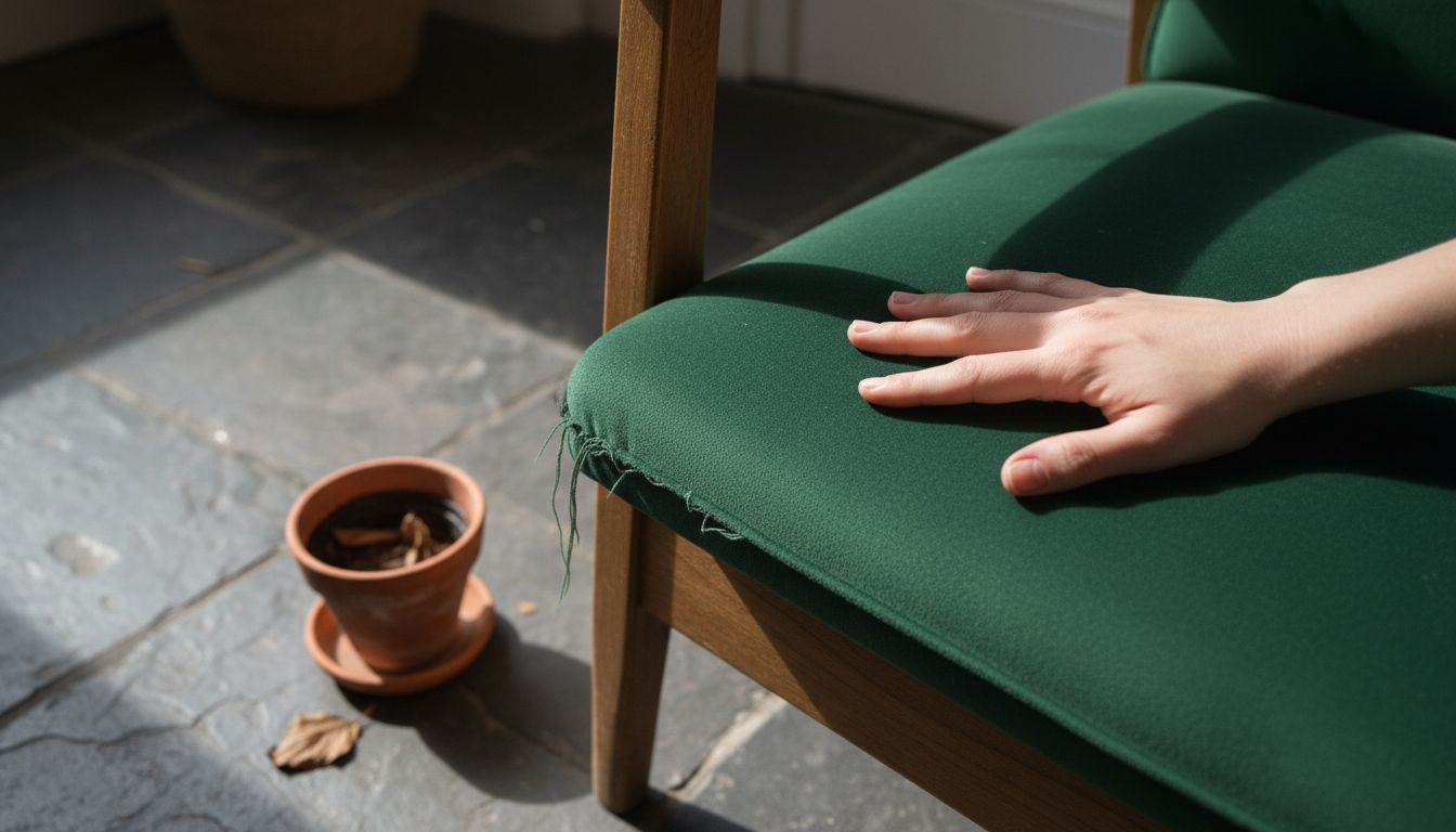 Hand touching velvet cushion, wood, stone floor