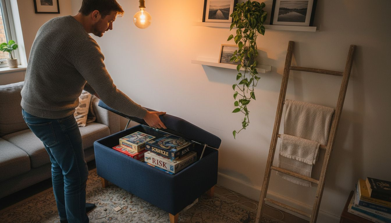 Man using storage ottoman with decorative ladder