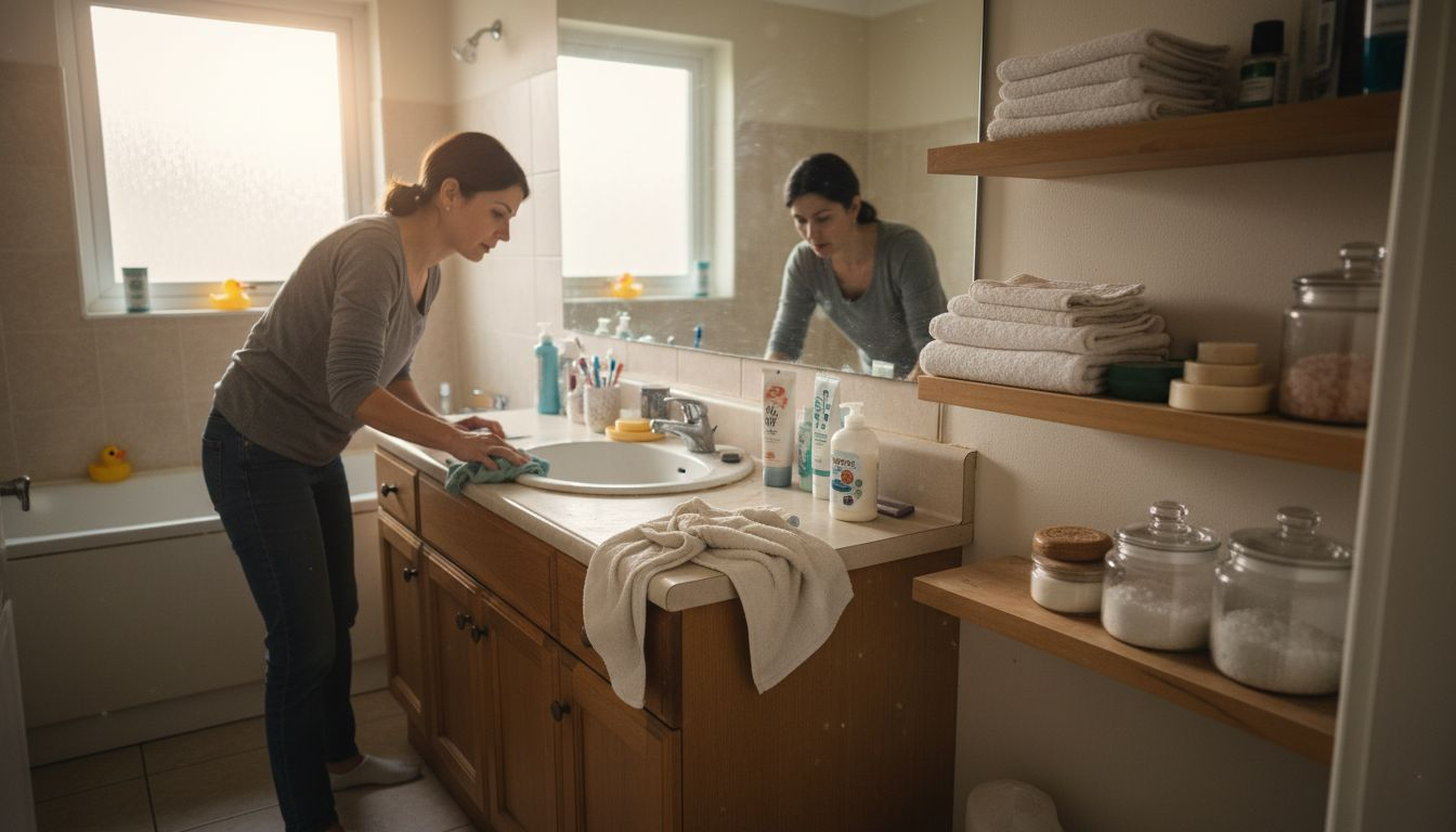 Person cleaning moisture-resistant bathroom décor